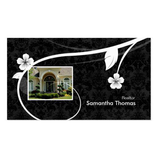 Real Estate Home Damask Business Card Floral Black (front side)