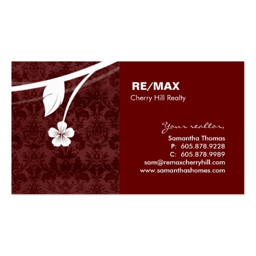 Real Estate Home Damask Business Card Floral Red (back side)