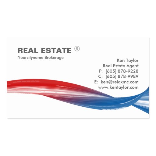 Real Estate Logo Red Blue Swoosh Modern White Business Card Template (front side)