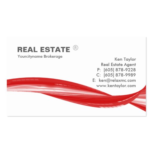 Real Estate Logo Red Swoosh Modern White Business Card (front side)