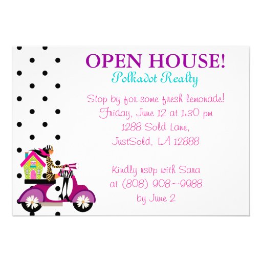 Real Estate Realtor Scooter Girl Dots Open House Custom Invite