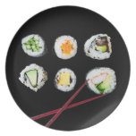 realistic sushi rolls and chopsticks party plate