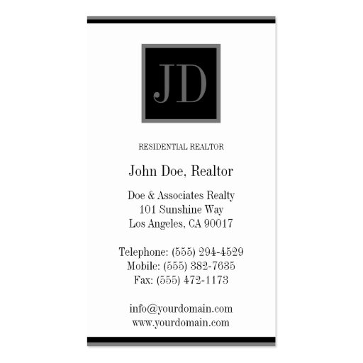 Realtor White Black/Silver Square Monogram Plaque Business Card Template (back side)