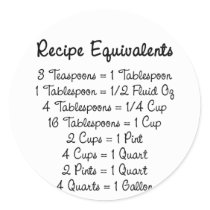 Recipe Equivalents Kitchen Helper Round Stickers