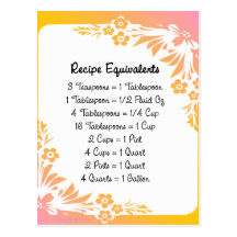 Recipe Equivalents Pastel Floral Post Cards