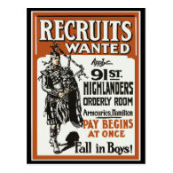 Recruitment 91st Highlanders Bagpiles WWI Postcard