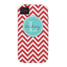 Red and Aqua Chevron with Custom Monogram iPhone 4 Case