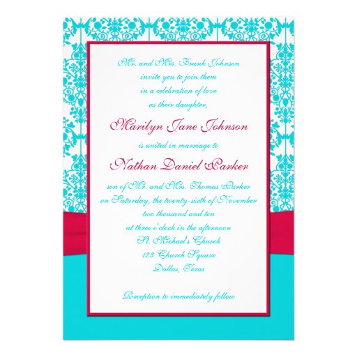 Red and Aqua Damask Wedding Invitation