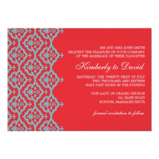 Red and Aqua Damask Wedding Invitation