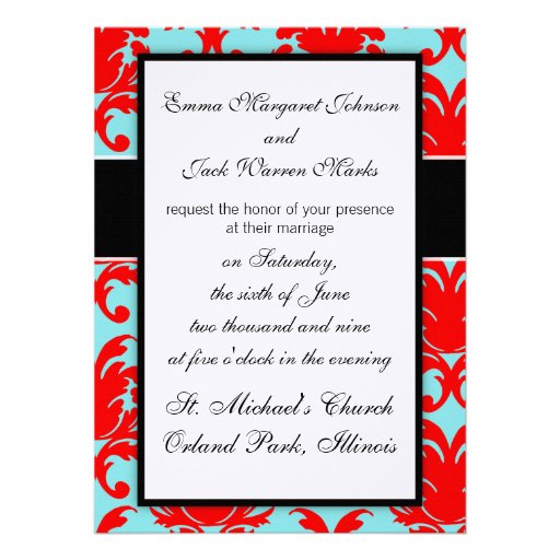 red and aqua lovely formal damask personalized announcements
