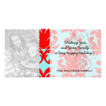 red and aqua lovely formal damask customized photo card