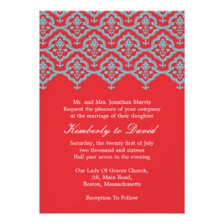 Red and Aqua Vintage Damask Wedding Invitation