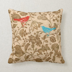 Red and Aqua Vintage Modern Floral Bird Pattern Throw Pillow