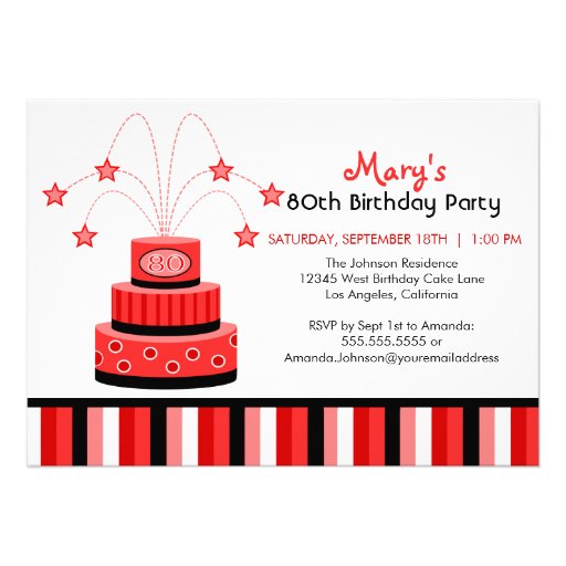 Red and Black 80th Birthday Cake Party Invitation