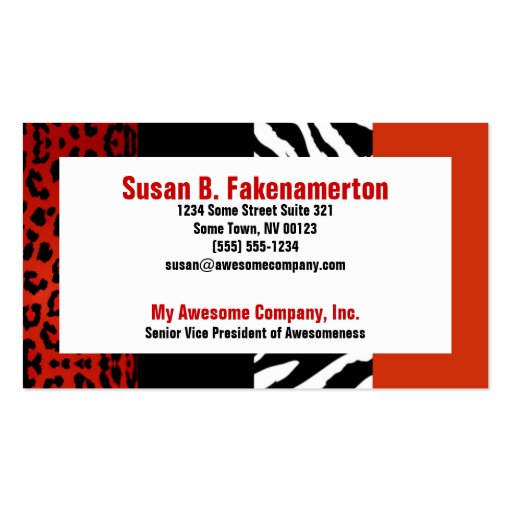 Red and Black Animal Print Zebra and Leopard Business Cards (front side)