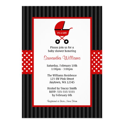 Red and Black Carriage Striped Dots Baby Shower Announcements