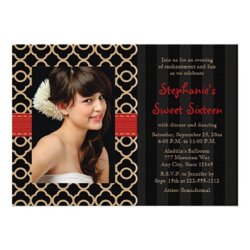 Red and Black Gold Moroccan Sweet Sixteen Photo Announcement