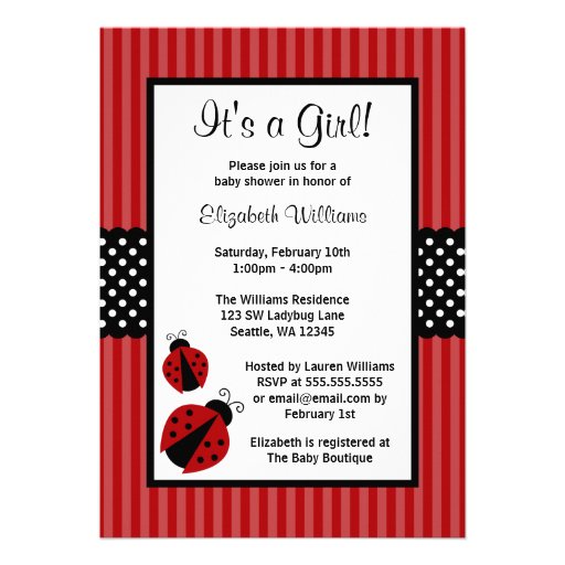 Red and Black Ladybug Striped Dots Baby Shower Custom Invitations (front side)