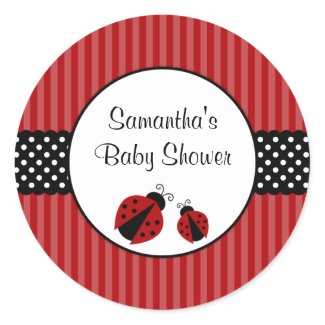 Ladybug Stickers on Red And Black Ladybug Striped Dots Baby Shower Sticker