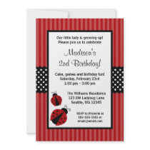 Red and Black Ladybug Striped Dots Birthday Party Personalized Invitations