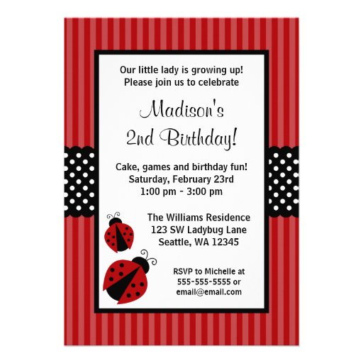 Red and Black Ladybug Striped Dots Birthday Party Personalized Invitations (front side)