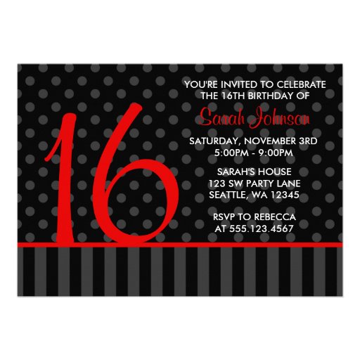 Red and Black Polka Dot Stripes Sweet 16 Birthday Custom Invitations