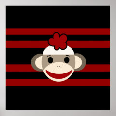 Red and Black Sock Monkey Girl Flower Hat Print