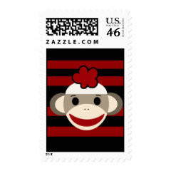 Red and Black Sock Monkey Girl Flower Hat Stamps