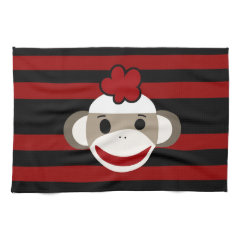 Red and Black Striped Sock Monkey Girl Flower Hat Kitchen Towels
