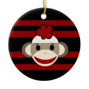Red and Black Striped Sock Monkey Girl Flower Hat Ornament