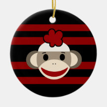 Red and Black Striped Sock Monkey Girl Flower Hat Ornament