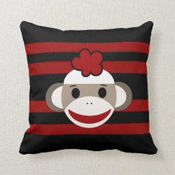 Red and Black Striped Sock Monkey Girl Flower Hat Pillow
