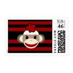 Red and Black Striped Sock Monkey Girl Flower Hat Postage Stamp