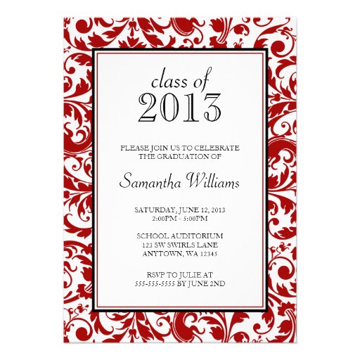 Red and Black Swirl Damask Graduation Announcement (front side)
