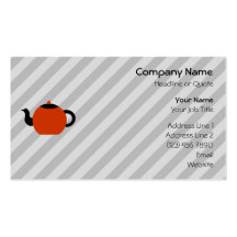 Red and black teapot design, on gray stripes. business card template