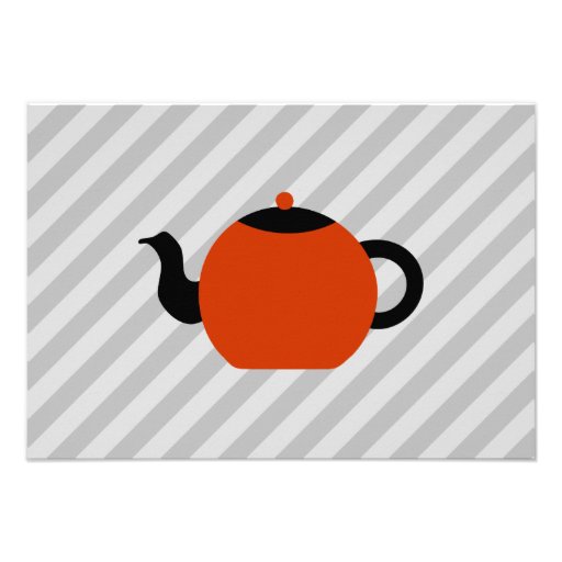 Red and black teapot design, on gray stripes. personalized invite