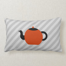 Red and black teapot design, on gray stripes. throw pillow