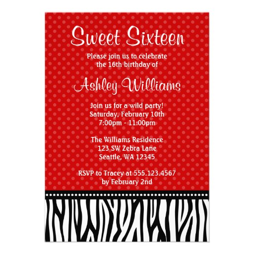 Red and Black Zebra Polka Dot Sweet 16 Invites