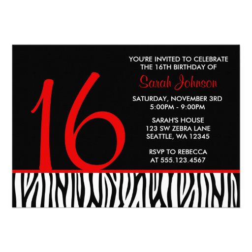 Red and Black Zebra Sweet 16 Number Birthday Announcement
