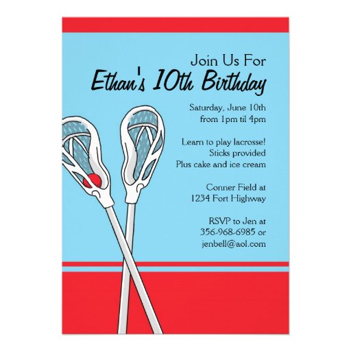 Red and Blue Lacrosse Themed Birthday Invitations.