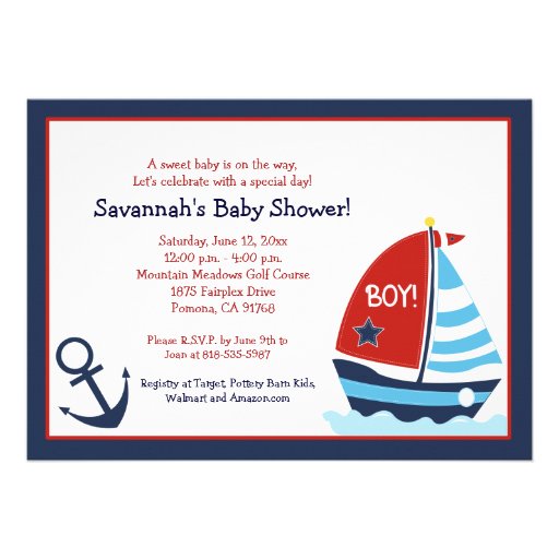 Red and Blue Sailboat 5x7 Baby Shower Invitation (front side)