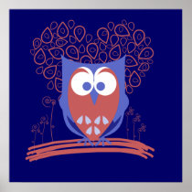 Red and Blue Whimsical Cute Owl Poster print posters