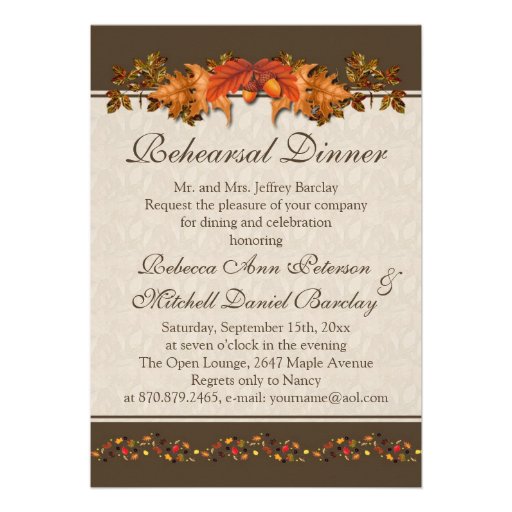Red and brown Autumnal leaves Rehearsal Dinner Custom Invites