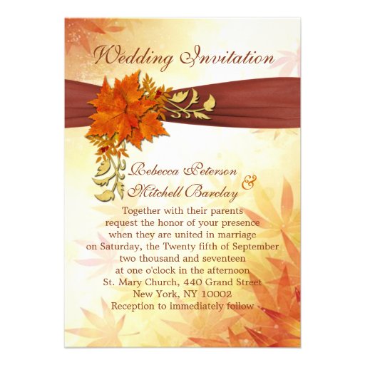 Red and gold autumnal leaves Wedding Card (front side)
