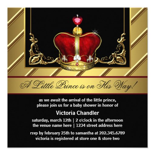 Red and Gold Crown Prince Baby Shower Personalized Invites