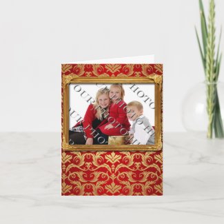 Red and Gold Damask Photo Greeting Card