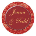 Red and gold damask wedding stickers