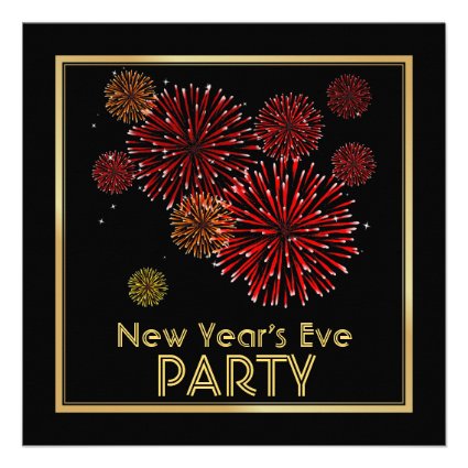 Red and Gold Fireworks New Years Party Invitations