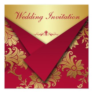 Red and Gold Floral Wedding Invitation 5.25" Square Invitation Card