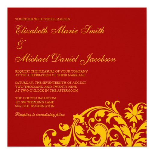 Red and Gold Flourish Swirl Wedding Personalized Invitations